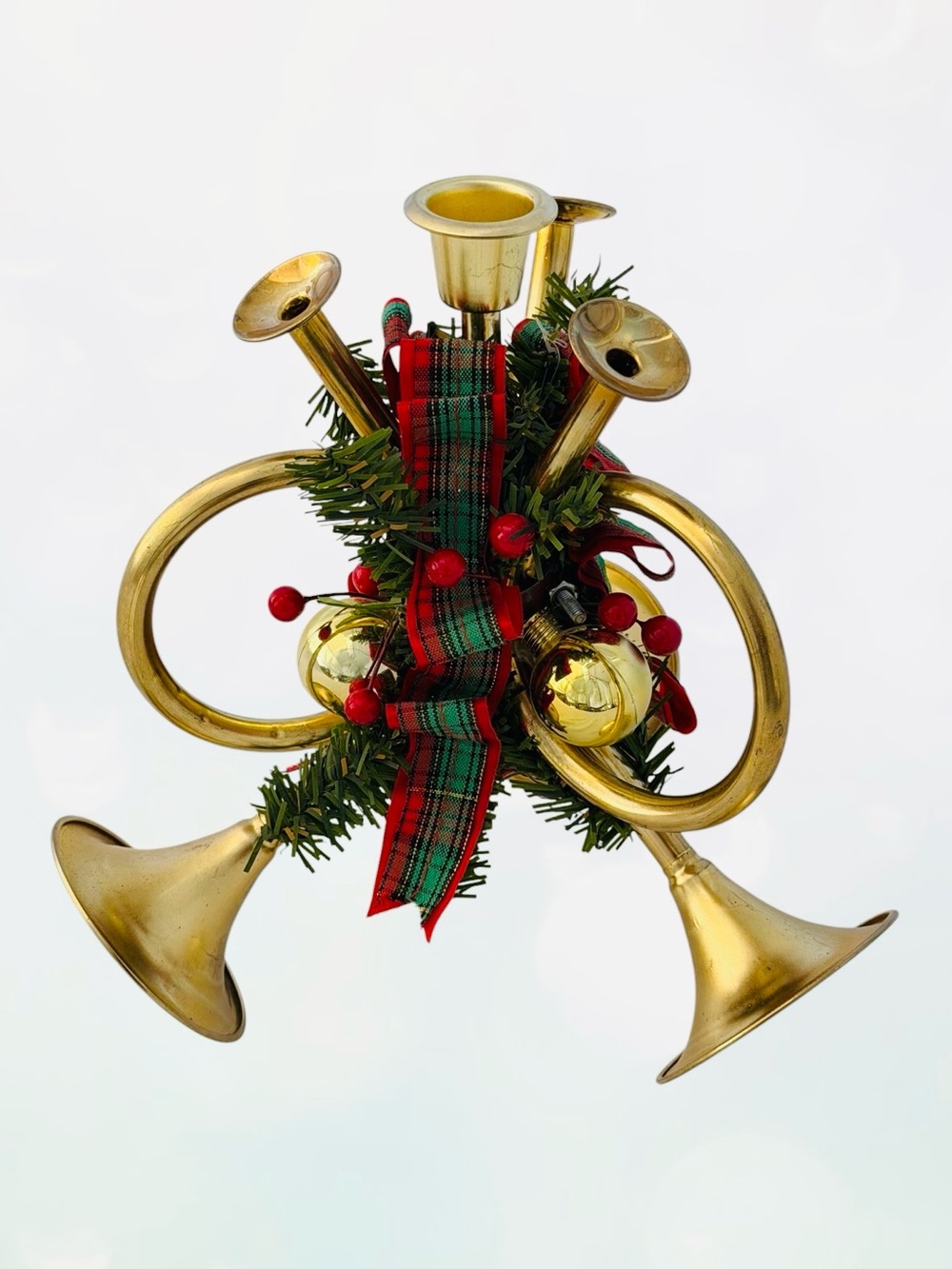 Brass Triple French Horn Taper Candle Holder, Vintage Christmas Holiday Decor - Picture 4 of 10